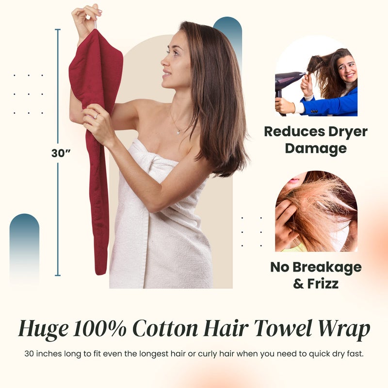Aspen5 Extra Large Waffle Cotton Hair Towel Wrap - 30 inches Long, 400 GSM, Ultra Absorbent, Quick Dry Hair Turban for Women, Ideal for Long and Curly Hair, Perfect for Plopping (Cherry Red) - Image 4